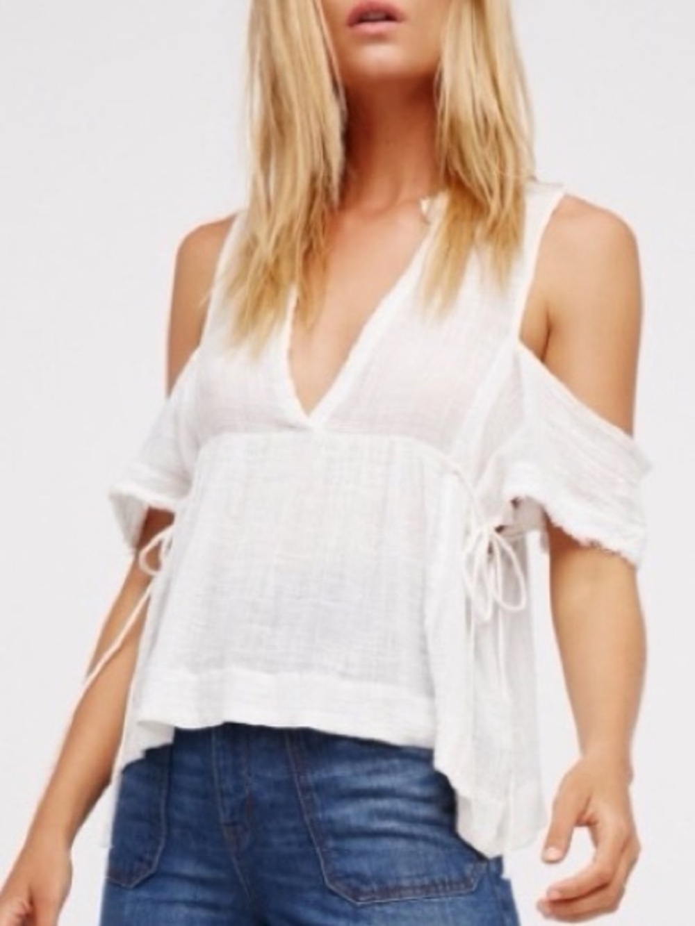 Free People One Gauze Indus Cold Shoulder Blouse Size Small Boho White Top